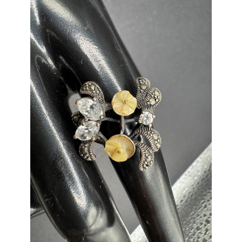 Vintage CFJ Thai Mother Of Pearl Marcasite CZ Sterling Silver 925 Ring Size 7.5